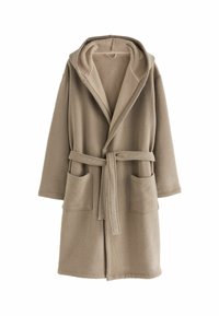 Beige hommikurock pehmest, tekstureeritud kangast. Omab kapuutsi, laiu varrukaid, vöö taljes ja kaht eesmist taskut.