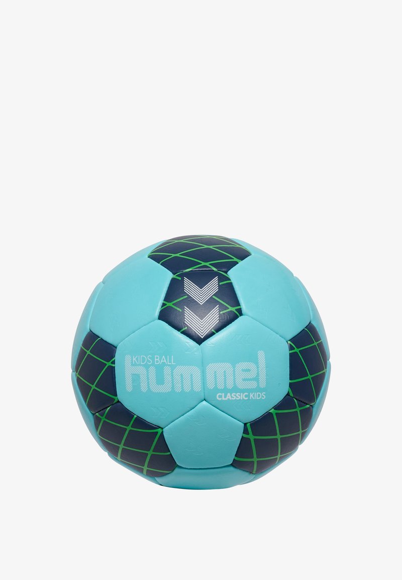 Piłka nożna dla dzieci Hummel w kolorze turkusowym i granatowym z zielonymi wzorami w kratkę, oznaczona napisem "classic kids" w białym kolorze.