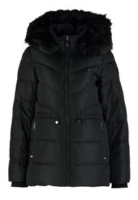 Chaqueta acolchada negra con capucha desmontable de pelo sintético, cierre de cremallera, puños elásticos y dos bolsillos laterales. Cuenta con diseño acolchado y bajo ajustable.