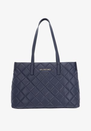 Marineblauwe, doorgestikte leren handtas met twee schouderbanden en een goudkleurig "Valentino"-logo aan de voorkant. Heeft een vierkant patroon.