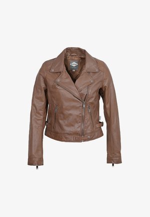 Veste de moto en cuir brun avec un col cranté, une fermeture éclair asymétrique, deux poches avant zippées et une coupe courte. Texture lisse.