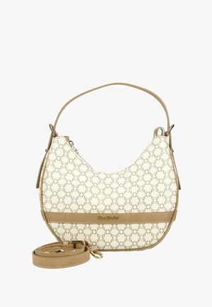 Sac d'épaule beige et blanc à motifs, avec une anse supérieure unique, une bandoulière longue amovible, et des accessoires dorés.