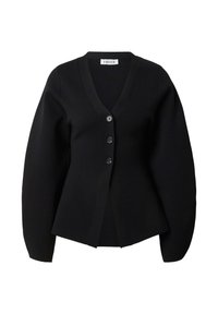 Zwarte cardigan met lange, opbollende mouwen, een diepe V-hals en vier knopen aan de voorkant. Gemaakt van een gladde stof met een getailleerde pasvorm.