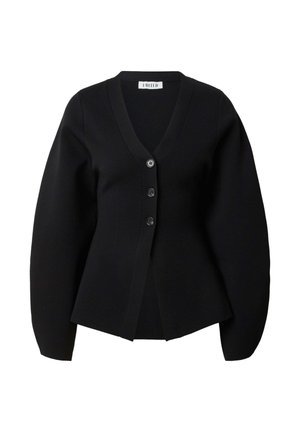 Schwarze Strickjacke mit langen, gepufften Ärmeln, tiefem V-Ausschnitt und vier vorderen Knöpfen. Hergestellt aus einem glatten Stoff mit einer taillierten Silhouette.