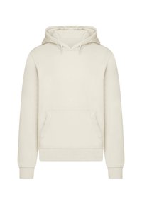 Cream hoodie featuring a kangaroo pocket, drawstring hood, and ribbed cuffs. Made from soft fabric with a smooth texture.