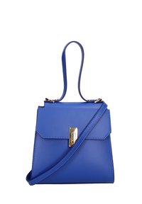 Blauwe neplederen handtas met een gestructureerd ontwerp, afneembare schouderband en een goudkleurige sluiting. Gladde textuur, zonder patronen.