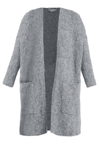 Gray knitted cardigan with open front, long sleeves, two front pockets, and a textured finish. Soft material with a relaxed fit.