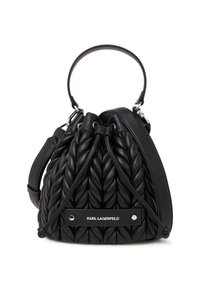 Zwarte, gewatteerde leren emmer tas met gevlochten textuur, trekkoordsluiting, handvat aan de bovenkant, schouderband en Karl Lagerfeld logo plaatje.
