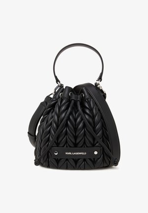 Schwarze, gesteppte Leder-Einkaufstasche mit geflochtenem Muster, Kordelzugverschluss, Griff, Schulterriemen und Karl Lagerfeld Logo-Plakette.