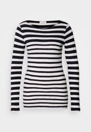 Langärmliges T-Shirt mit schwarz-weißen Streifen und weitem Ausschnitt. Hergestellt aus weichem Material, mit gleichmäßigen horizontalen Streifen.