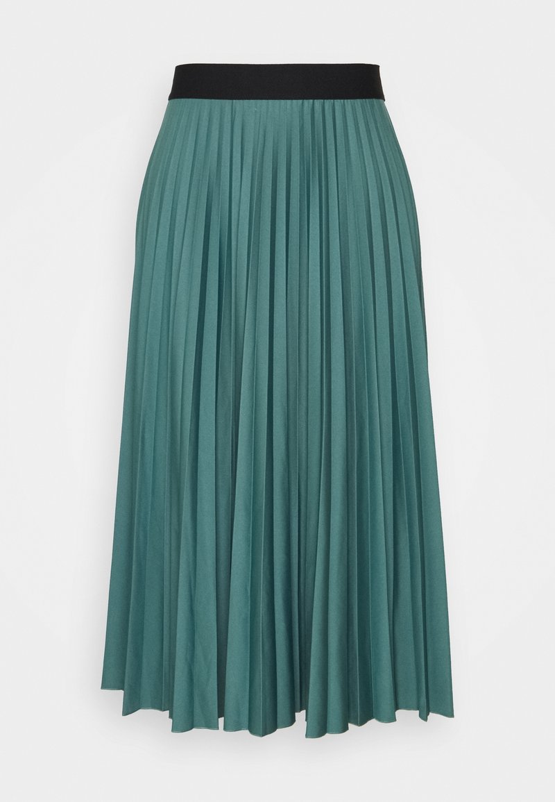 Jupe midi plissée couleur sarcelle avec une large ceinture élastique noire, tissu lisse et plis verticaux réguliers sur fond blanc.