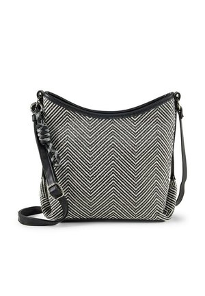 Zwart-witte handtas met chevronpatroon, voorzien van een verstelbare zwarte band en een geknoopt touwdetail aan één zijde.