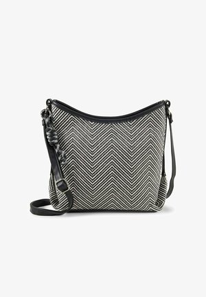 Zwart-witte handtas met chevronpatroon, voorzien van een verstelbare zwarte band en een geknoopt touwdetail aan één zijde.