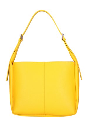 Sac à bandoulière en cuir jaune avec sangle réglable et boucles argentées, forme rectangulaire, texture lisse et design minimaliste.