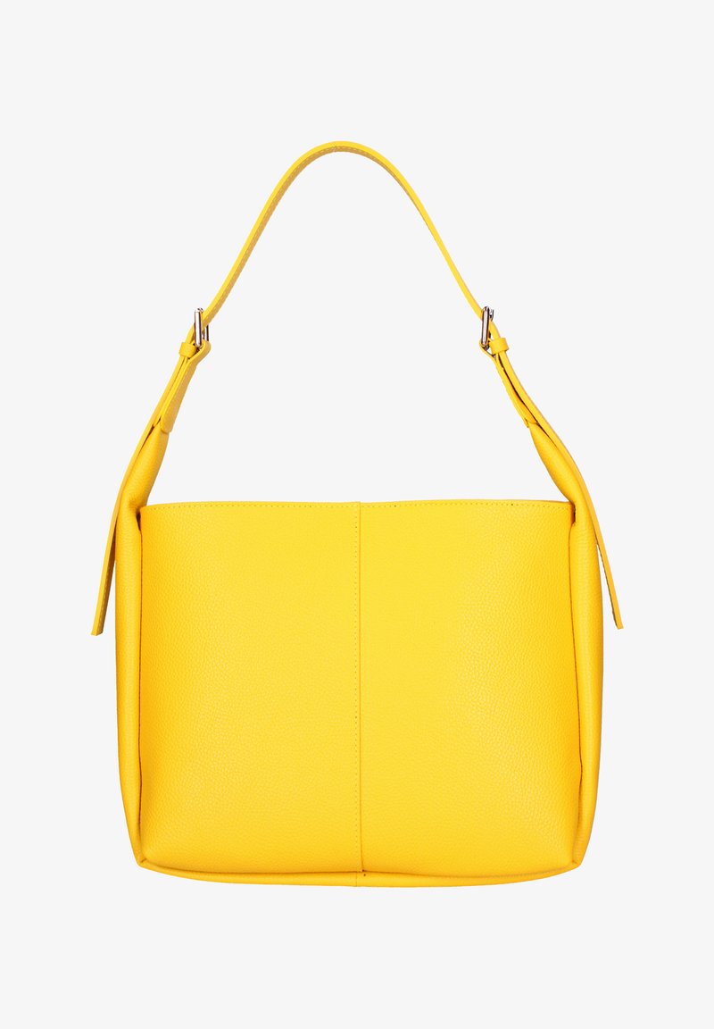Sac à bandoulière en cuir jaune avec sangle réglable et boucles argentées, forme rectangulaire, texture lisse et design minimaliste.