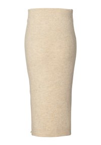Gebreide kokerrok in lichtbeige met een gestructureerd ribbelontwerp. Lengte tot halverwege het onderbeen, stretchy tailleband en geen opvallende versieringen.