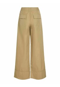 Beige bredde bukser lavet af letvægtsstof, med to baglommer og en ren søm. Enkel design med en afslappet pasform.