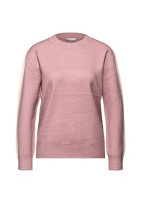 Rosa gestrickter Pullover mit Rundhalsausschnitt, gerippten Bündchen und cremefarbenen Akzenten an den Ärmeln. Weiche Textur und lässiger Schnitt.