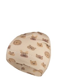 Animal-themed bean bag, beige fabric with various animal faces in brown tones, soft texture, rounded shape, and stitched detailing.
