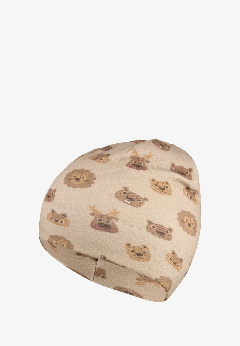 Animal-themed bean bag, beige fabric with various animal faces in brown tones, soft texture, rounded shape, and stitched detailing.