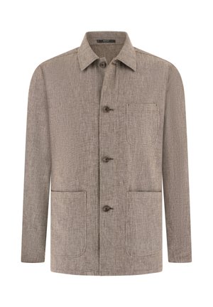 Veste beige pour homme en lin à manches longues, avec col classique, quatre boutons marron et trois poches plaquées à l'avant.