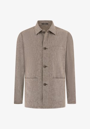 Veste beige pour homme en lin à manches longues, avec col classique, quatre boutons marron et trois poches plaquées à l'avant.
