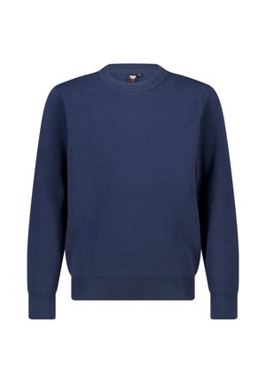 Marineblauer Strickpullover mit Rundhalsausschnitt, gerippten Bündchen und Saum sowie einer glatten Textur. Einfaches Design, leichtes Material.