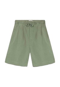 Bermudas de algodón verde claro con cintura elástica y cordón, que presentan pliegues en la parte delantera y un corte relajado.
