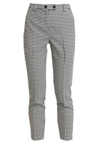Černobílé kalhoty se vzorem houndstooth, slim fit, s knoflíkovým a zipovým zapínáním, předními sklady a bočními kapsami.