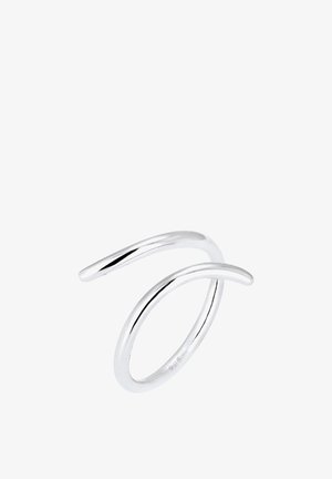 Hõbedane sõrmus, millel on minimalistlik avatud disain kahe kõverikuudega. Sile tekstuur läikiva viimistlusega ja peen hallitus.
