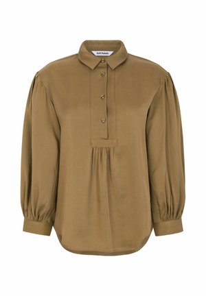 Olivgrünes Langarmhemd mit Knopfleiste, gefältete Details unter dem Kragen und gerafften Manschetten. Glatte Stofftextur.