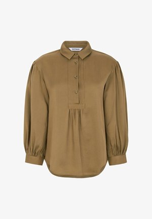 Cămașă verde măslin cu mâneci lungi, cu închidere cu butoane în față, detalii pliate sub guler și manșete cu elastic. Textură de țesătură netedă.