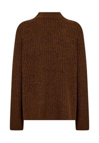 Brun stickad cardigan med långa ärmar, ribbat mönster och sjalkrage. Baksidan har en enfärgad design utan ytterligare dekorationer.