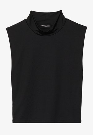 Schwarzes ärmelloses Cropped-Top mit einem Fake-Turtleneck-Design. Glattes Material mit einer figurbetonten Form und minimalen Nähten.