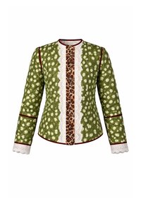 Πράσινο καπιτονέ μπουφάν με λευκές πουά, μπροστινή όψη με λεοπάρ μοτίβο, λευκή δαντελένια διακόσμηση, μπορντό περιλαίμιο και δαντελένια μανίκια με κυματιστό σχέδιο.