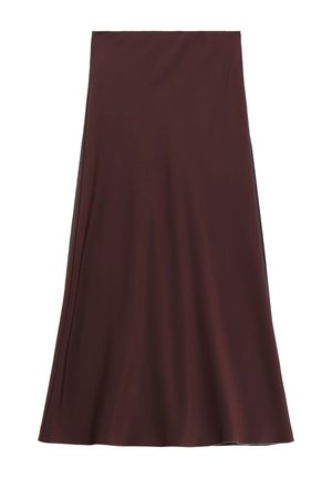 Gonna midi a flusso in tessuto borgogna profondo, caratterizzata da una texture liscia e una silhouette a trapezio senza motivi o accessori visibili.