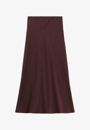 Gonna midi a flusso in tessuto borgogna profondo, caratterizzata da una texture liscia e una silhouette a trapezio senza motivi o accessori visibili.