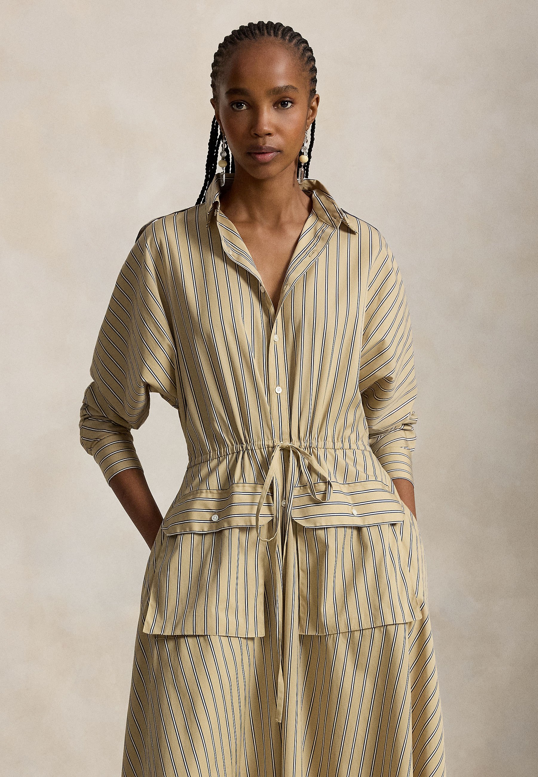 beige striped shirt dress Polo Ralph Lauren COTTON CANVAS UTILITY SHIRTDRESS - neckline and buttons down