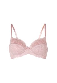 Reggiseno in pizzo rosa chiaro con design a stecca, adornato con motivi floreali e bordi scollopati. Presenta sottili spalline in satin e un dettaglio a fiocco al centro.