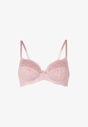 Reggiseno in pizzo rosa chiaro con design a stecca, adornato con motivi floreali e bordi scollopati. Presenta sottili spalline in satin e un dettaglio a fiocco al centro.