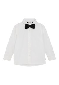 Witte lange mouwen blouse met een klassieke kraag, voorzien van een zwarte fluwelen strik om de hals en knoopdetails aan de voorkant.