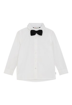 Witte lange mouwen blouse met een klassieke kraag, voorzien van een zwarte fluwelen strik om de hals en knoopdetails aan de voorkant.