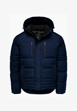 Marineblauer Steppjacke mit Kapuze, ausgestattet mit einem texturierten Stoff, gestepptem Design, zwei seitlichen Reißverschlusstaschen und elastischen Bündchen.