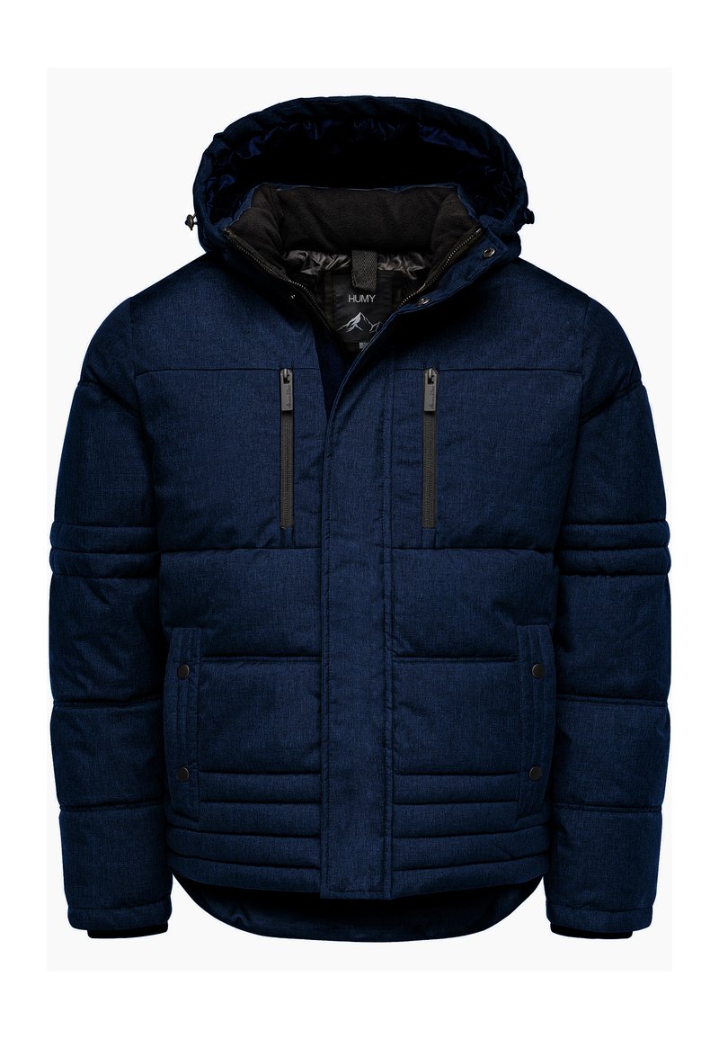 Navy blue puffer jacket with a hood, featuring a textured fabric, quilted design, two zippered chest pockets, and elasticized cuffs.