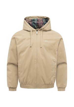 Veste à capuche beige avec fermeture éclair à l'avant, poignets et bas élastiques, et doublure en tissu à carreaux à l'intérieur de la capuche.
