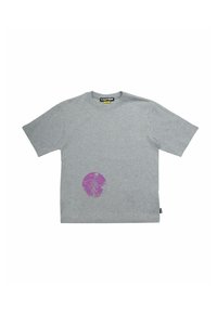 T-shirt grigia a maniche corte in cotone, con una grafica rotonda viola con un design di scheletro sulla parte frontale. Stile classico con scollo rotondo.