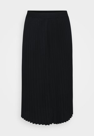 Černá skládací sukně s širokým elastickým páskem, dlouhý střih a jemná textura. Obsahuje vertikální sklady po celé látce.