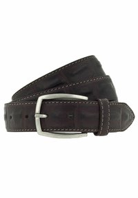 Ceinture en cuir brun avec une finition texturée, boucle en métal argenté et coutures contrastées le long des bords. Se termine par une pointe.