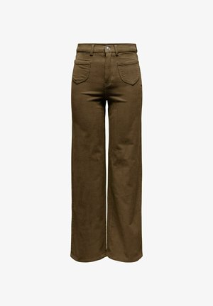 Wide-leg pants in dark olive green corduroy, featuring a high waist, front button closure, and two rear pockets. Textured fabric detail.