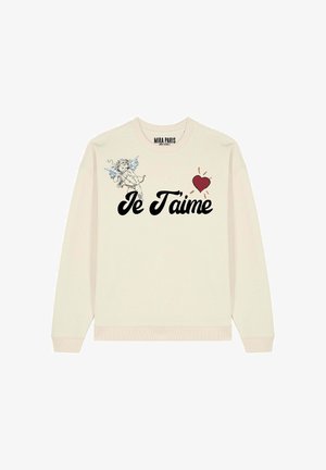 Sweatshirt crème avec "Je T'aime" en lettres noires en gras, comprenant une illustration de Cupidon et un design de cœur rouge sur le côté gauche.